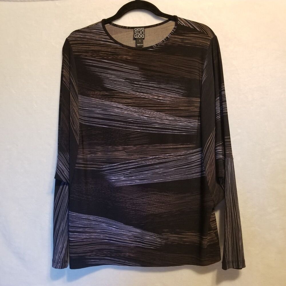 Clara Sun Woo L Top Stripe Black Dolman Sleeve Boho Slinky Batwing Artsy Office